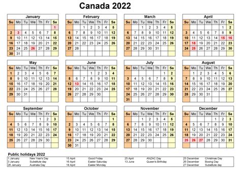 Free Printable Canada 2022 Calendar With Holidays Pdf