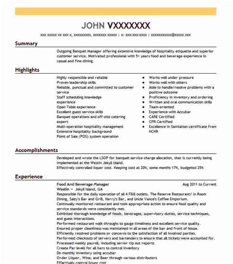 Food and beverage serving and related workers perform a variety of customer service, food preparation, and cleaning duties in eating and job outlook: Food And Beverage Manager Resume Sample | Resumes Misc | LiveCareer
