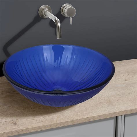 Buy Bathroom Vessel Sink Blue Tempered Glass Artistic Round Glass