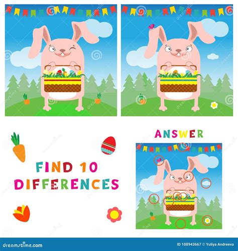 Find Ten Differences Illustration Of Easter Bunny With Eggs Stock