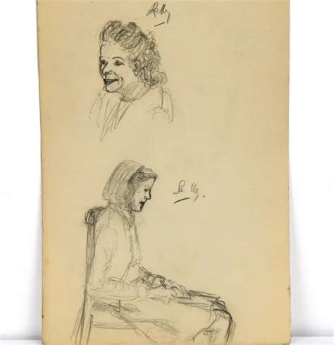 Original Vintage S Pencil Sketch People Portraits By Mary Elspeth