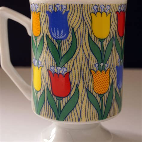 Vintage Tulips Mug Pedestal Shape White Porcelain Mug Footed Printed