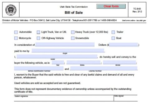 Free Utah Motor Boatvehicle Bill Of Sale Tc 843 Form Pdf Word Doc