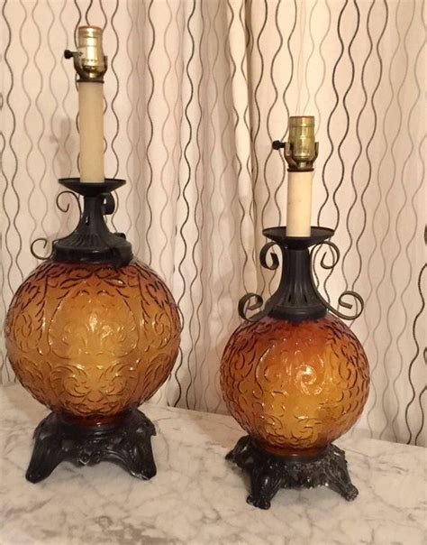 Amber Glass Globe Table Lampsvintage Mid Century Large Round Etsy Vintage Table Lamp Glass