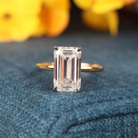 Emerald Cut Moissanite Ring Unique Engagement Ring White Gold Etsy