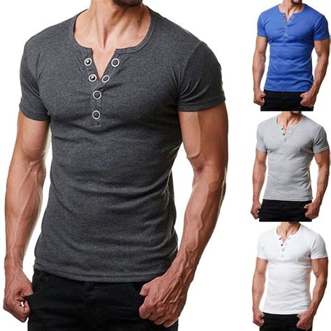 Mens Slim Fit V Neck Short Sleeve Muscle Tee T Shirt Casual Tops Henley