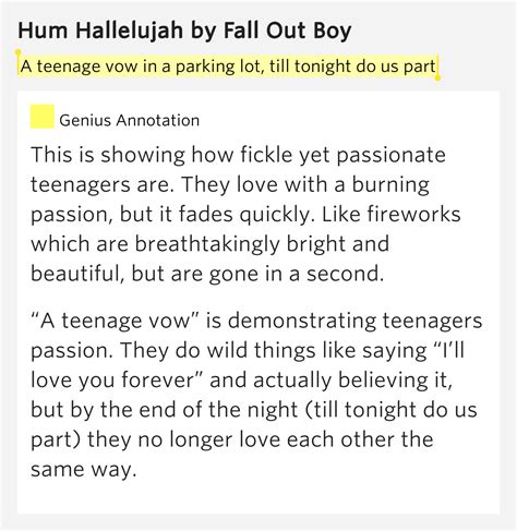 Though the song features many allusions to the bible and the word hallelujah itself means to praise joyously, the word, in context, is used ironically. A teenage vow in a parking lot, till tonight do us part - Hum Hallelujah Lyrics Meaning