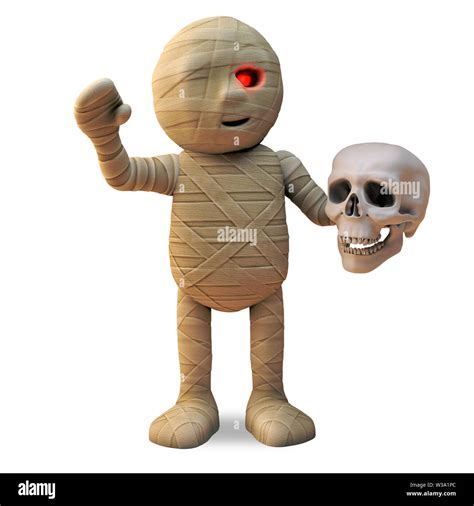 Funny Cartoon Egyptian Mummy Monster Waves Hello While Holding A Human