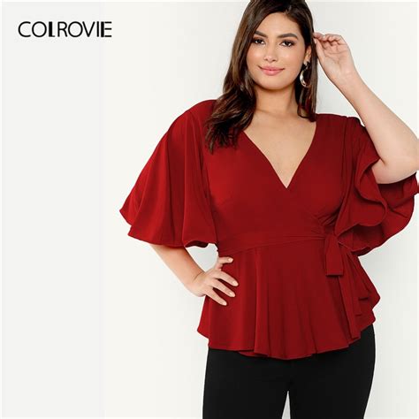 Colrovie Plus Size Red V Neck Flutter Sleeve Ruffle Surplice Wrap Knot