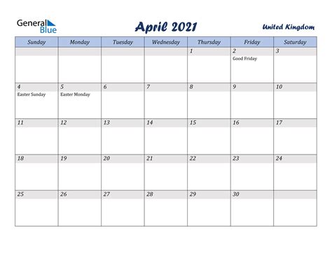 Download and print april calendars for 2021, 2022, 2023. United Kingdom April 2021 Calendar with Holidays