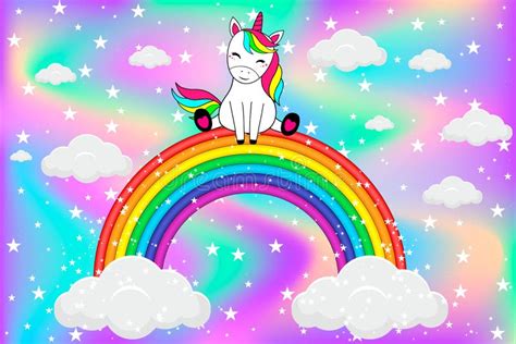 Cute Unicorn Sitting On Rainbow With Clouds And Stars Cartoon