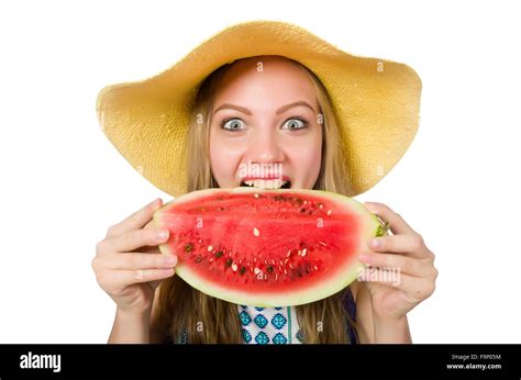 Woman With Watermelon Isolated On White Stock Photo Alamy