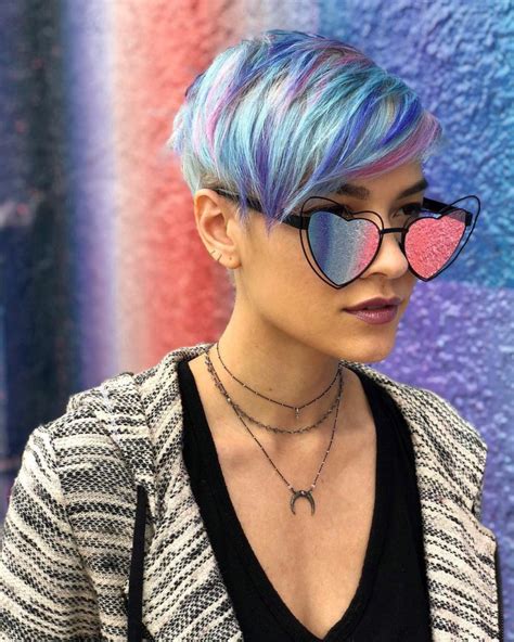 Messy Textured Layered Pixie With Side Swept Bangs And Pastel Rainbow