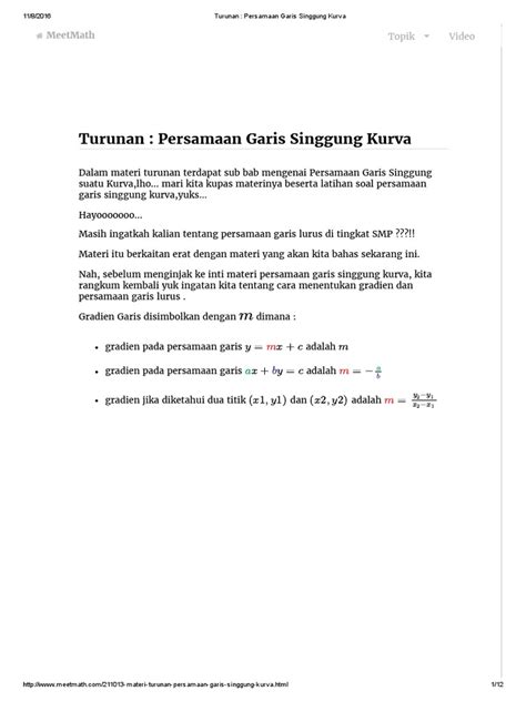 Contoh Soal Persamaan Garis Singgung Kurva
