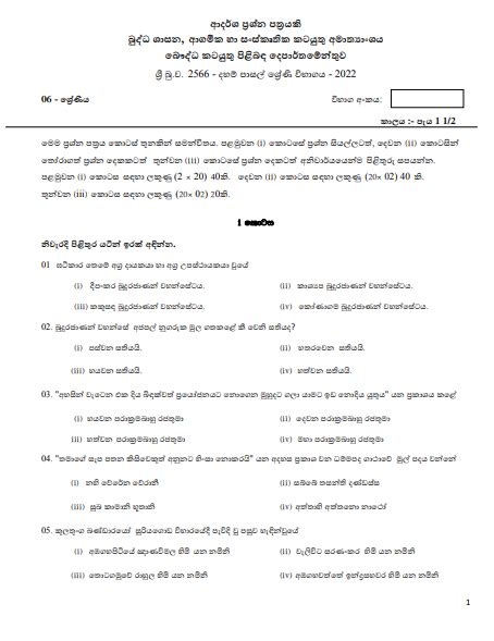 Grade 06 Daham Pasal Exam Model Paper With Answers 2022