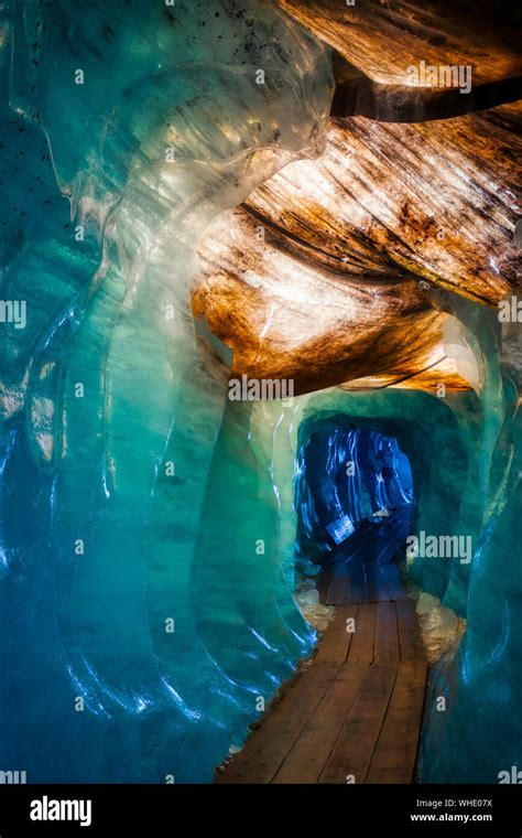 Blue Ice Inside A Cave Under Melting Rhone Glacier Switzerland Stock