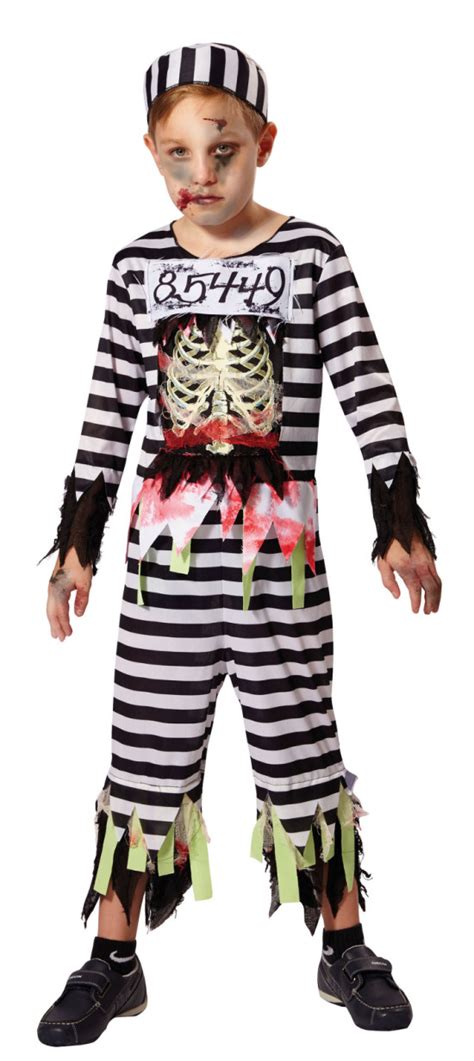 Boys Kids Zombie Skeleton Prisoner Convict Inmate Halloween Fancy Dress