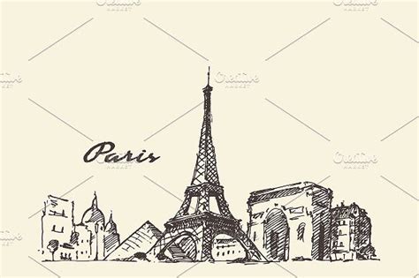 Paris Skyline France Hand Drawn Vector Illustrations Paris Skyline
