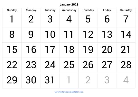 January 2023 Calendar Printable With Large Numbers