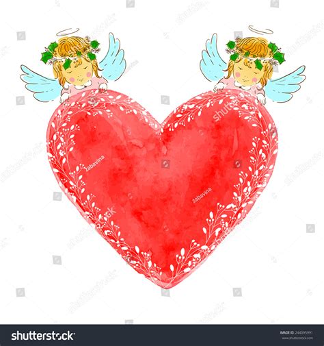 Two Angels Babies Heart Watercolor Frame Retro Background Vector