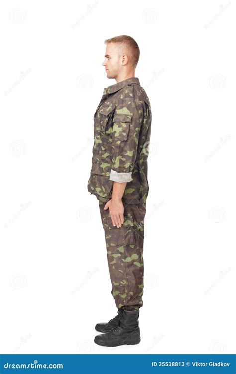 Full Body Side View Of Army Soldier Standing In Attention Stock Image
