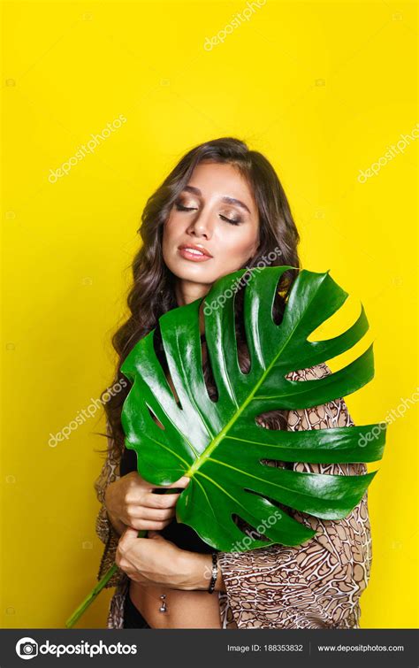 Beautiful Sexy Indian Woman In Bikini With Tropical Plants Beauty