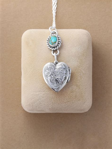 Sterling Silver And Turquoise Heart Locket Necklace Vintage Photo