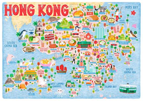 Hong Kong Map Poster Wall Art Illustration Fun Colourful