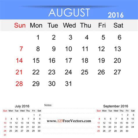 August 2016 Calendar Printable Download Free Vector Art Free Vectors