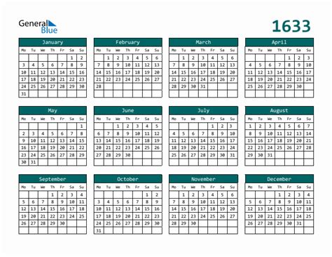 1633 Yearly Calendar Templates With Monday Start