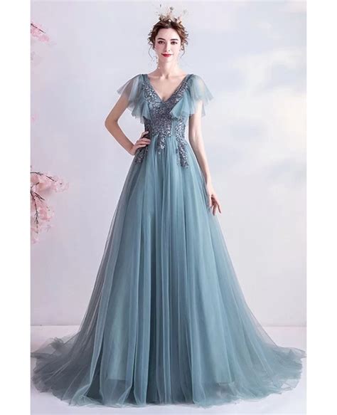 Elegant Blue Green Tulle Flowy Long Prom Dress Vneck With Puffy Sleeves