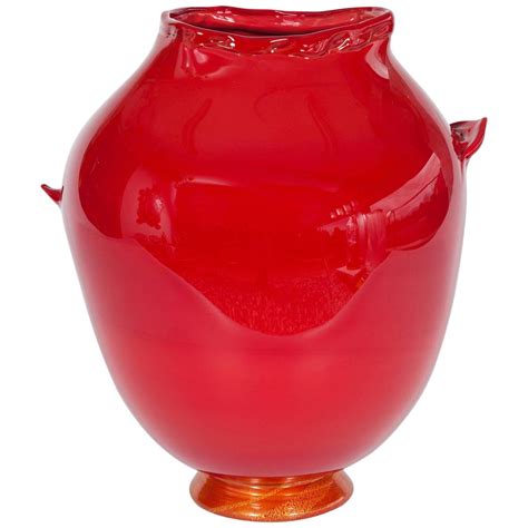 Italian Venetian Murano Glass Vase In Gold Red Color Circa 1970s For Sale At 1stdibs