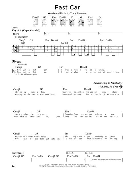 Fast Car By Tracy Chapman Guitar Lead Sheet Guitar Instructor