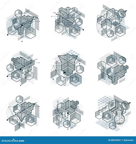 Abstract Designs With 3d Linear Mesh Shapes And Figures Vector Stock