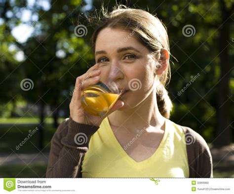 Portrait Of Pretty Young Woman Drinking Juice Healthy Lifestyle Stock
