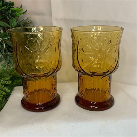 Libbey Dining Set Of 2 Vintage Deep Amber Colored Libbey Country Garden Daisy Glass Tumblers