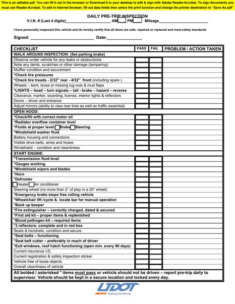 Printable Cdl Pre Trip Checklist Printable Templates