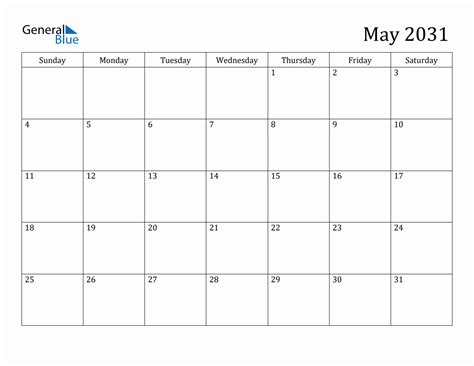 May 2031 Monthly Calendar