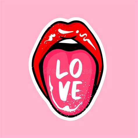 Tongue Sticking Out With Love Lettering Inscription Red Lips Vector