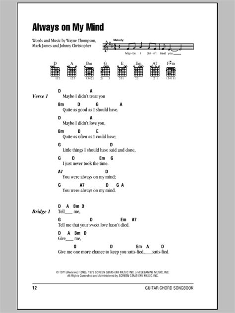Always On My Mind Sheet Music By Willie Nelson Lyrics And Chords 80039