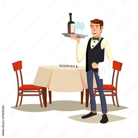 Waiter In Cafe Vector Professional Waiter Dinner Date Food Drink
