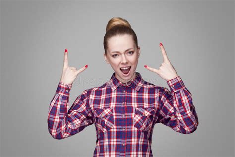 Screaming Beautiful Blonde Girl In Pink Checkered Shirt Collect Stock Image Image Of Active