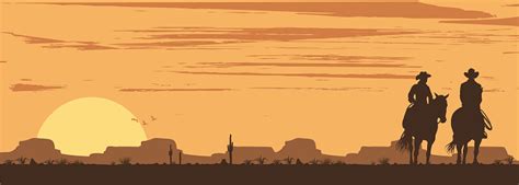 Silhouette Of Cowboy Couple Riding Horses At Sunset Vector Stock