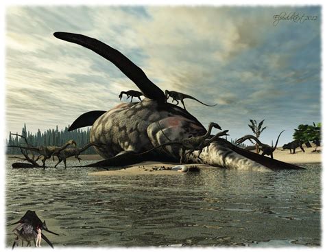New Triassic Beachscene Coelophysis Enjoy A Meal From A Stranded 13m