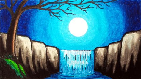Easy Moonlight Waterfall Scenery Drawing How To Draw Simple Scenery