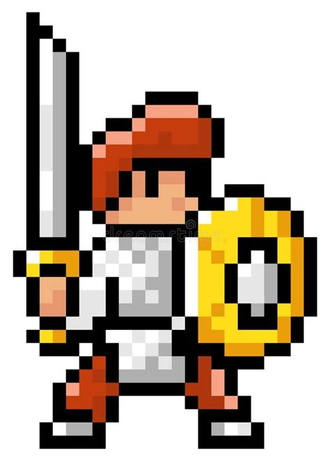 Vector Pixel Character Illustration Of Pixel Man With Shield And Sword