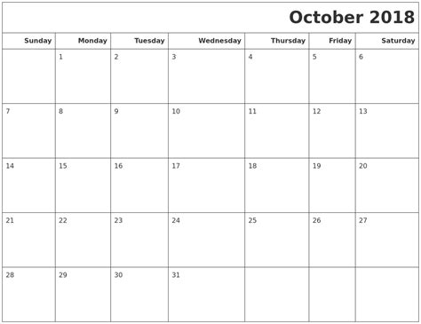 October 2018 Calendars To Print