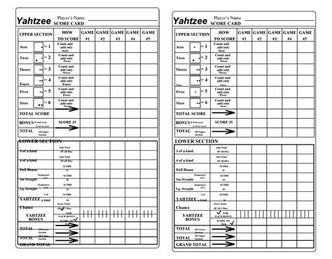 Yahtzee Score Card Printable