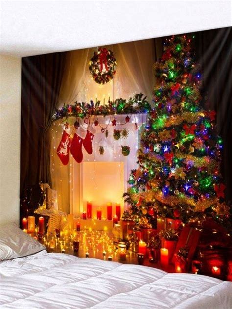 Christmas Tree Fireplace Candles Print Tapestry Wall Hanging Art