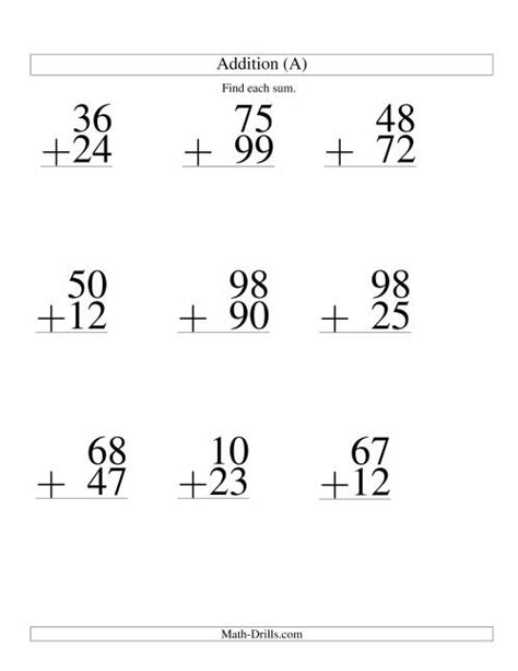 Two Digit Addition 9 Questions A Large Print Math Worksheet